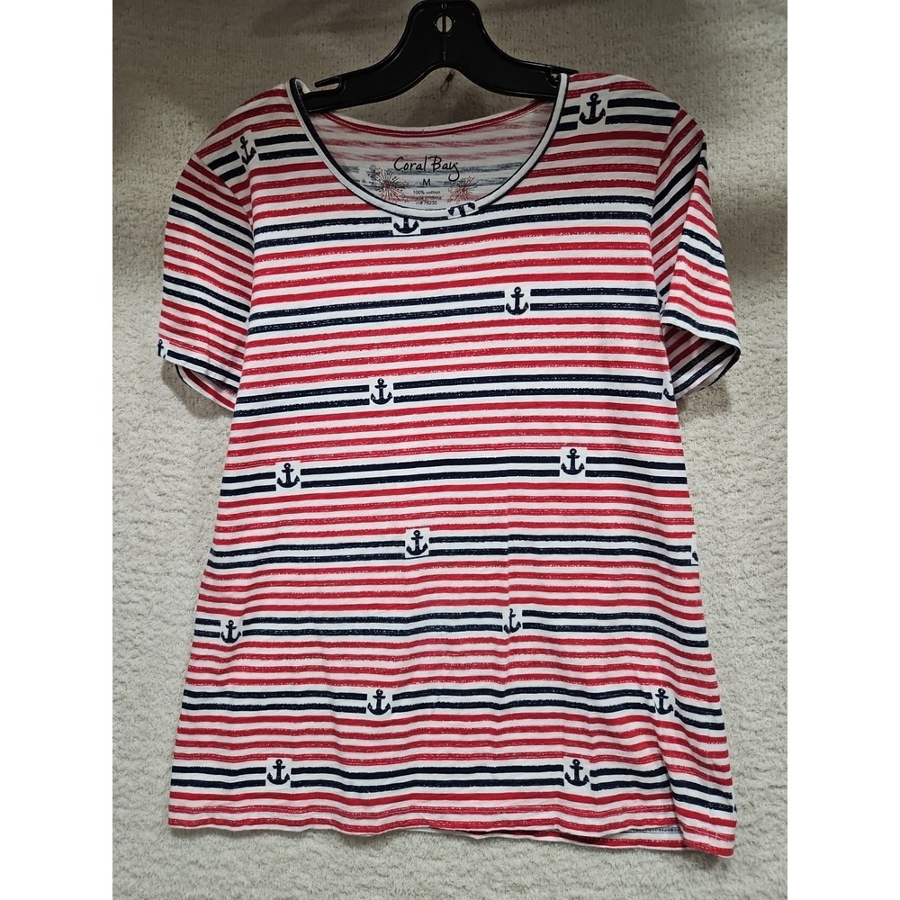 Womens Coral Bay Red Blue White Striped Short Sleeve T-Shirt  Size  Medium